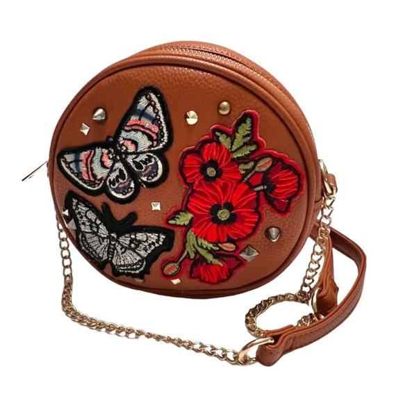 Olivia Miller Embroidered Patches Crossbody Bag Round Brown Floral Butterfly - Picture 7 of 12